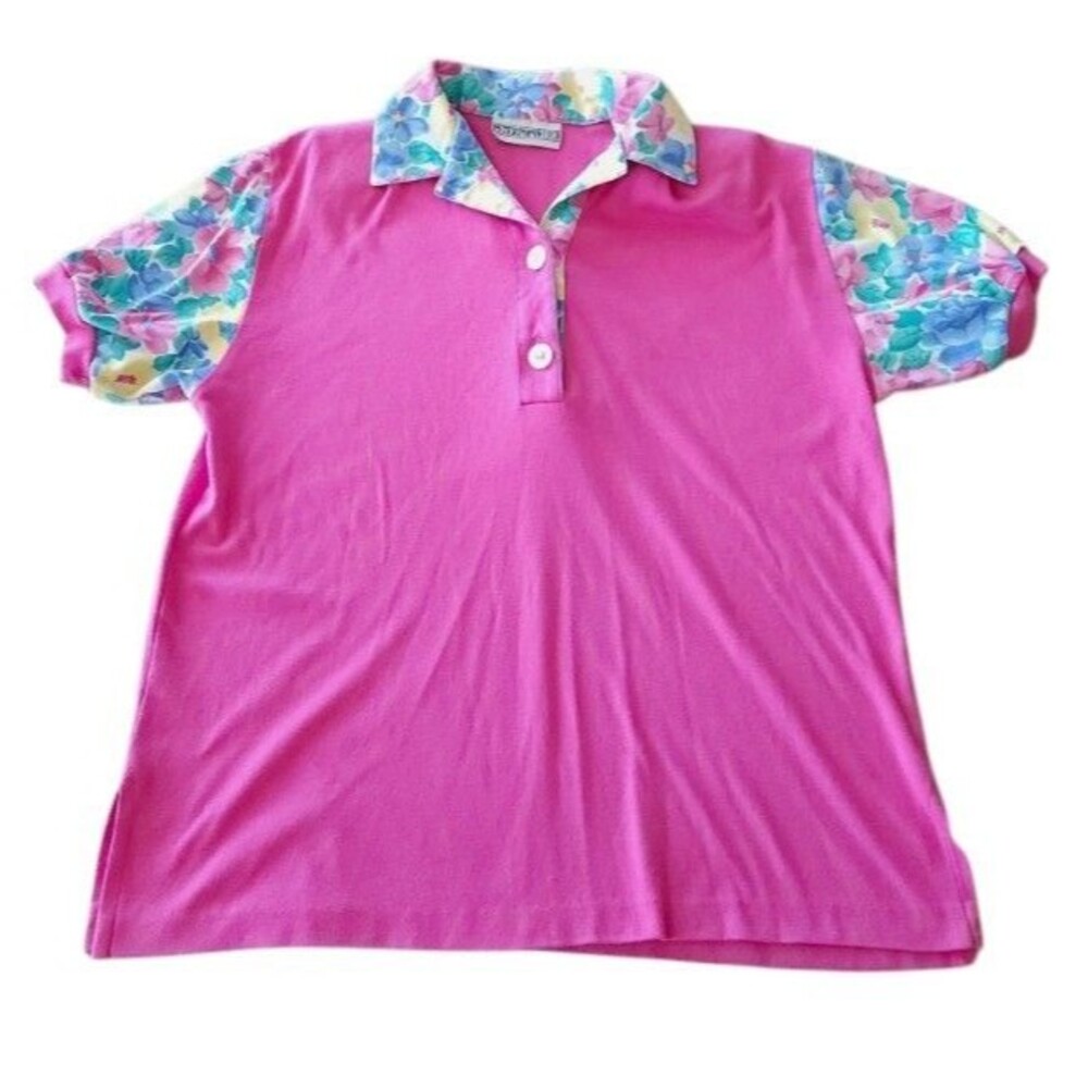 VTG 80s Peter Popovitch Pink Polo Shirt Floral Collar Sleeve Colorblock Womens L